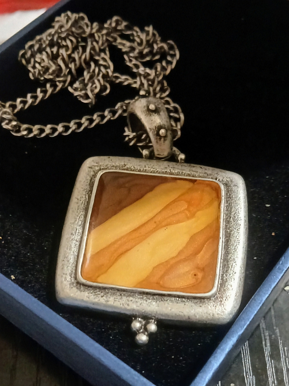 Square Marbled Jasper  Pendant Necklace in Antiqued Silver Tone